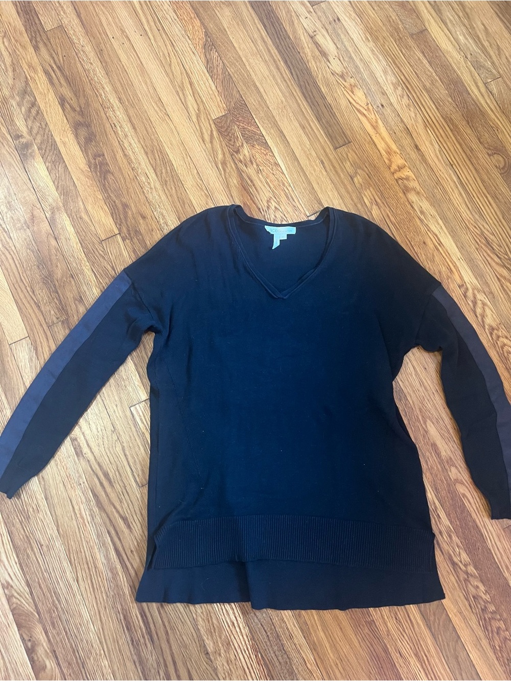 BCBGeneration Black V-Neck Long Sweater with Suede Strips down the Sleeves Size